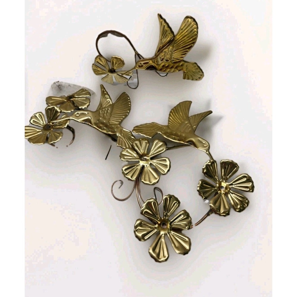3 Vintage Homco  Brass Wall Decor 3D Hummingbird and Flowers